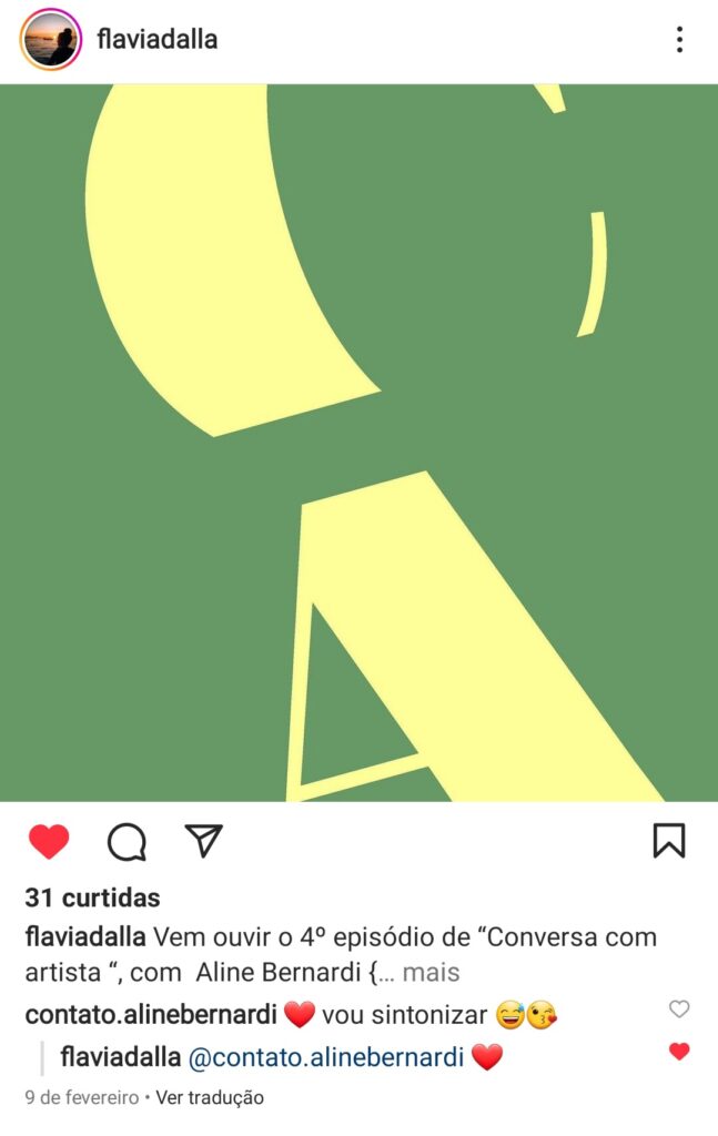 Print de postagem no Instagram, com capa de podcast Conversa com Artista, nas cores verde e amarela.