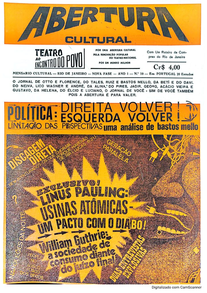 Capa de uma edição do mensário cultural **"Abertura Cultural"**, com layout marcante em tons de amarelo, laranja e preto. O título principal, **"Abertura Cultural"**, aparece no topo em letras grandes e destacadas. Logo abaixo, o subtítulo anuncia: **"Teatro ao encontro do povo – por uma abertura cultural, pela renovação popular do teatro nacional, por um mundo melhor"**, com o valor da edição especificado como Cr$ 4,00 e 20 escudos em Portugal.A capa traz diversos destaques em fontes variadas e dinâmicas, incluindo seções sobre política e cultura. Um dos títulos principais é: **"Direita volver! Esquerda volver! Uma análise de Bastos Mello"**, acompanhado da frase **"Limitação das perspectivas"**. No centro, em letras chamativas, lê-se: **"Exclusivo! Linus Pauling: Usinas atômicas, um pacto com o diabo!"** e, abaixo, **"William Guthrie: A sociedade de consumo diante do juízo final"**. Há menções adicionais como **"Discagem direta – Bem-aventurados os que choram"** e **"Geração Paralela"**, formando um mosaico de temas políticos e culturais. A composição inclui elementos gráficos, como linhas e setas irradiando do centro, sugerindo dinamismo, e ilustrações estilizadas de um rosto ao lado direito, representando expressão ou voz.